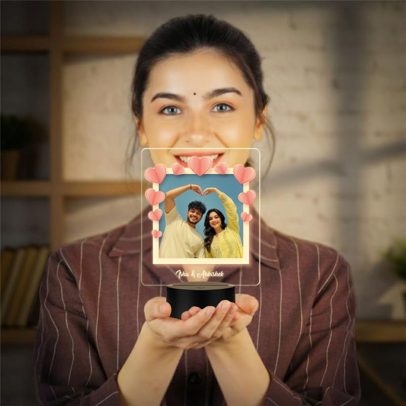 Personalized LED Photo Frame with Heart Design | Gift For Valentines Day, Anniversary, Birthday, Wedding, Engagement Gift For Couples Warm White Light